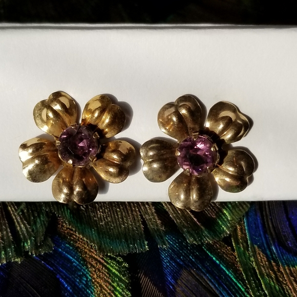 Vintage Van Dell flower earrings screwback gold fill purple floral - Picture 10 of 14